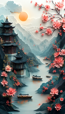 山水樱莲纸艺图