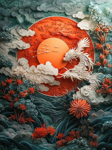 圆中花鸟纸雕画