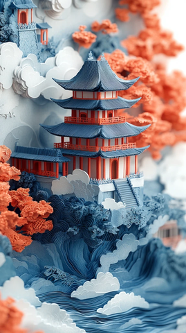 夏日纸艺建筑水流