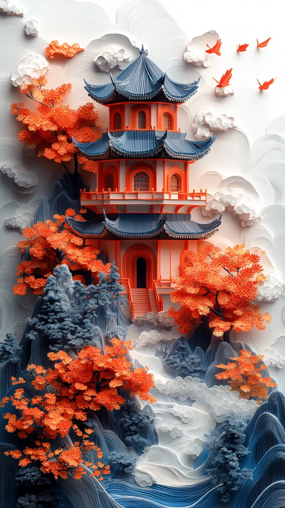 夏日纸艺建筑水流