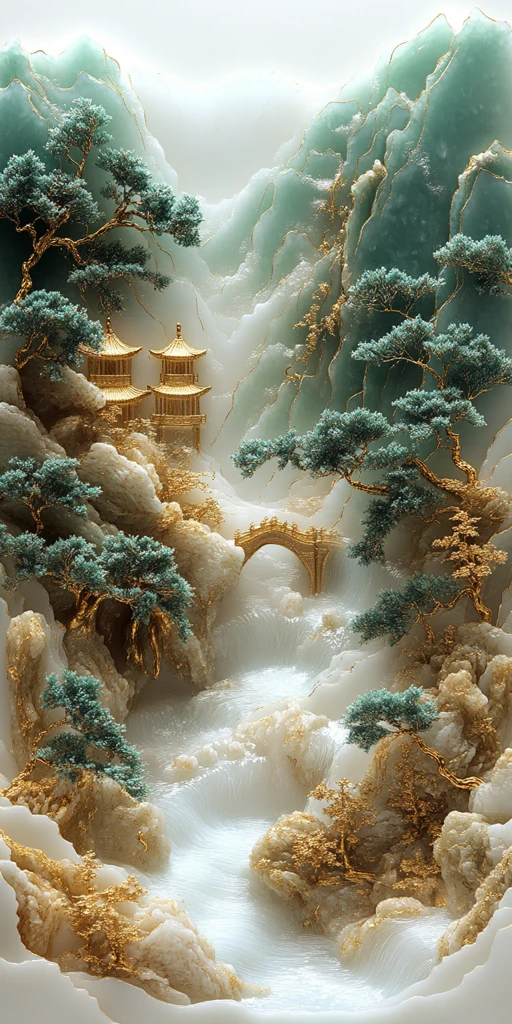 金线山水玉雕刺绣