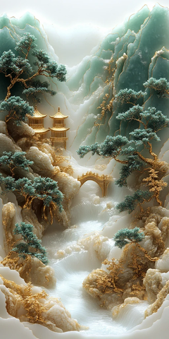 金线山水玉雕刺绣