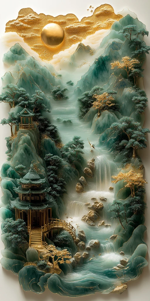 金线山水玉雕刺绣