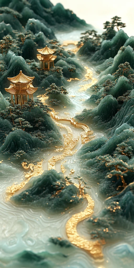 金线山水玉雕刺绣