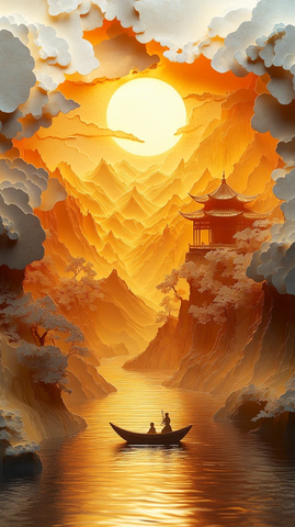 山水纸雕金辉景