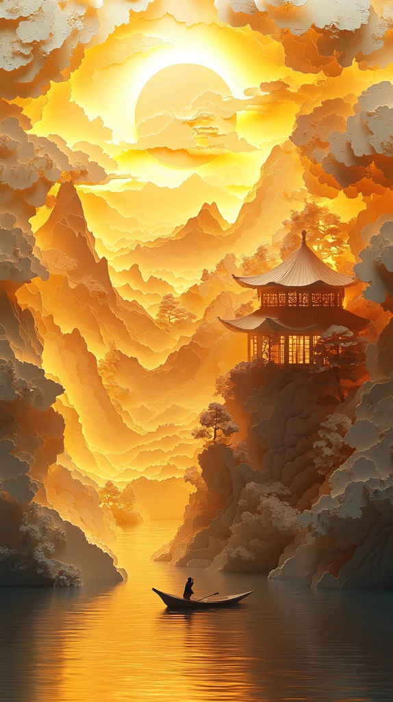 山水纸雕金辉景