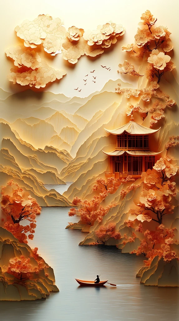 山水纸雕金辉景