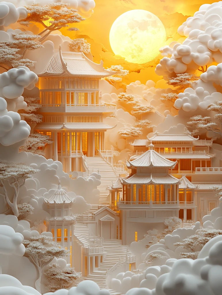 古建筑云端剪纸