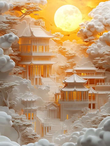 古建筑云端剪纸