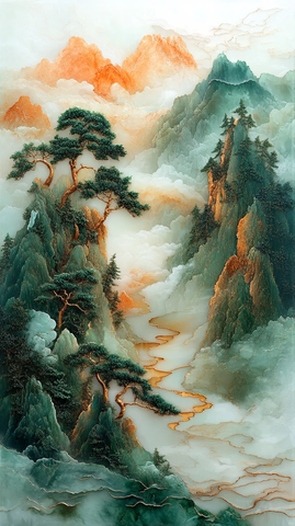 青铜嵌玉山水画