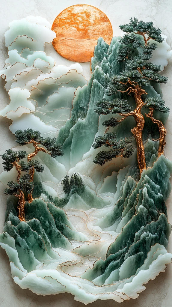 青铜嵌玉山水画