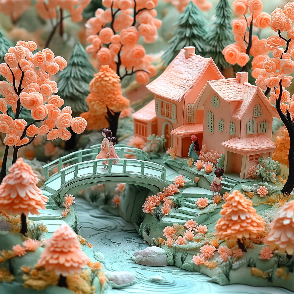 粉木桥流水童趣图