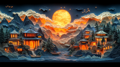 祥云夜空山水画