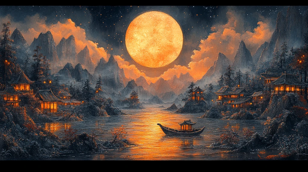 祥云夜空山水画