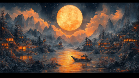 祥云夜空山水画