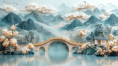 山水云桥绣景图