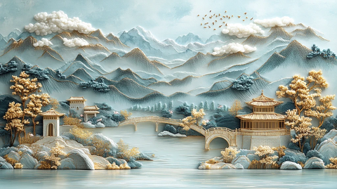 山水云桥绣景图