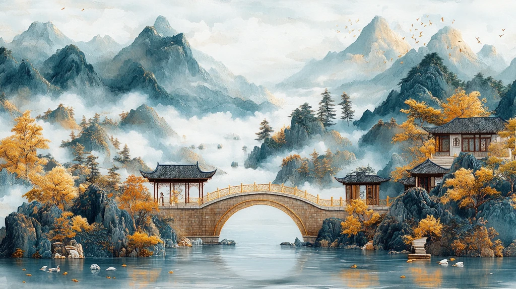 山水云桥绣景图