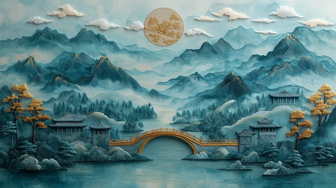 山水云桥绣景图