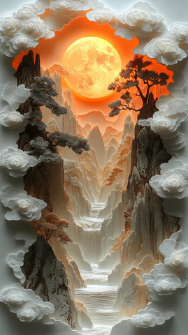 纸雕山水月夜图