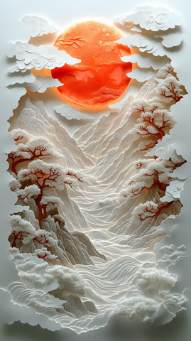 纸雕山水月夜图