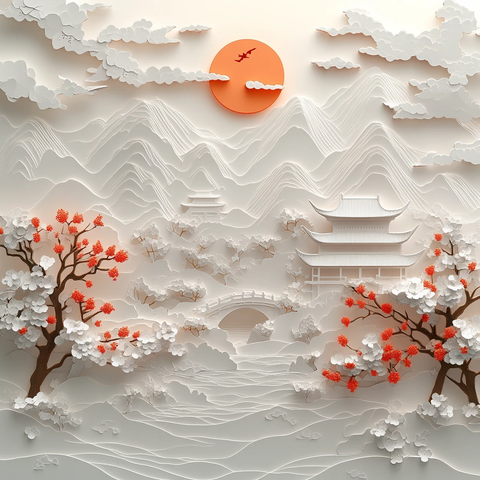 白底山水纸雕