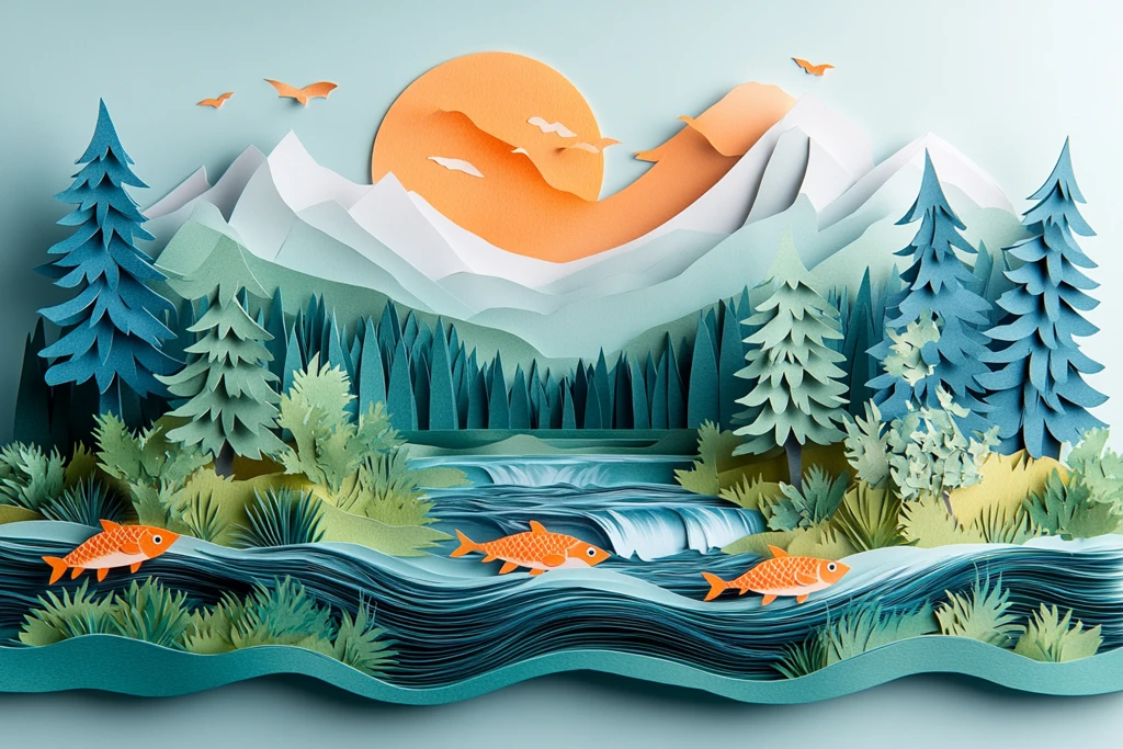 鲑鱼洄游纸艺景