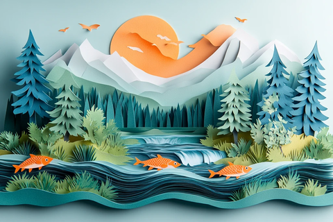 鲑鱼洄游纸艺景