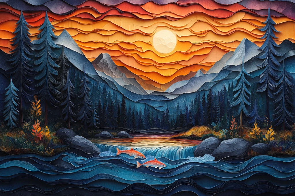 鲑鱼洄游纸艺景