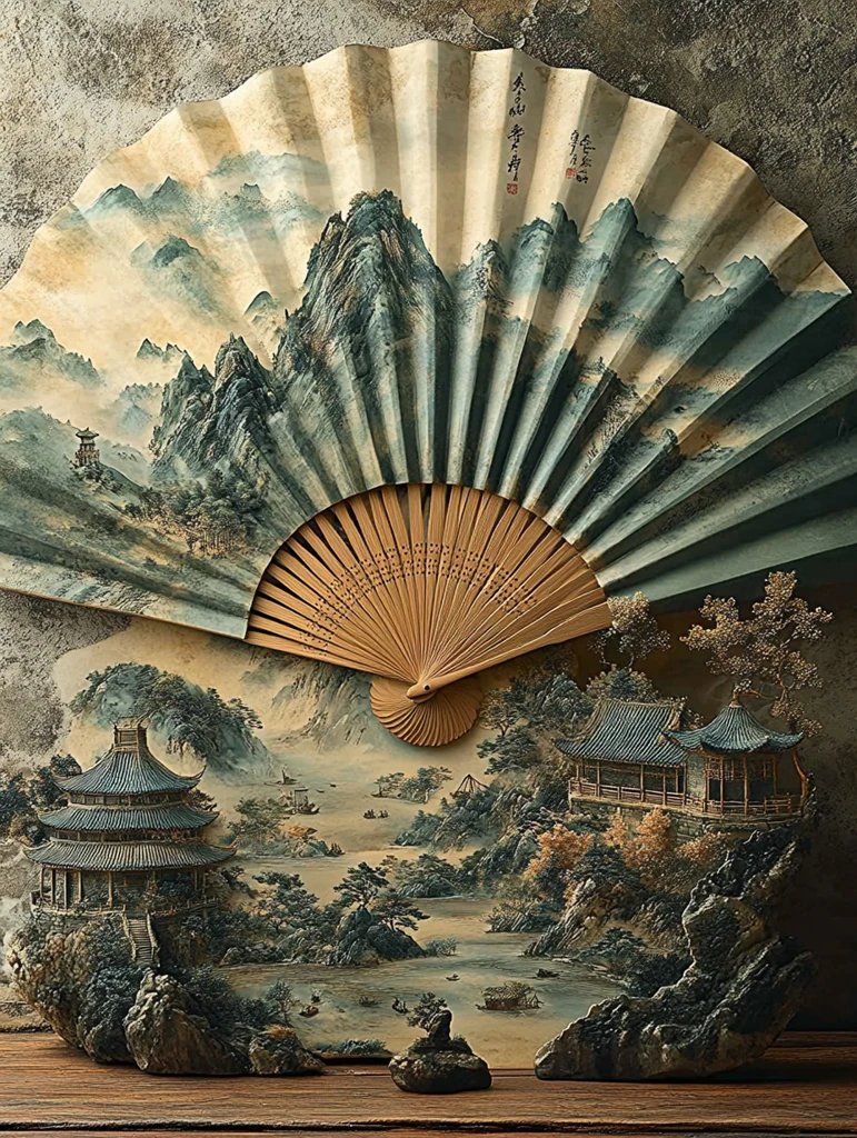 古代山水立体折扇