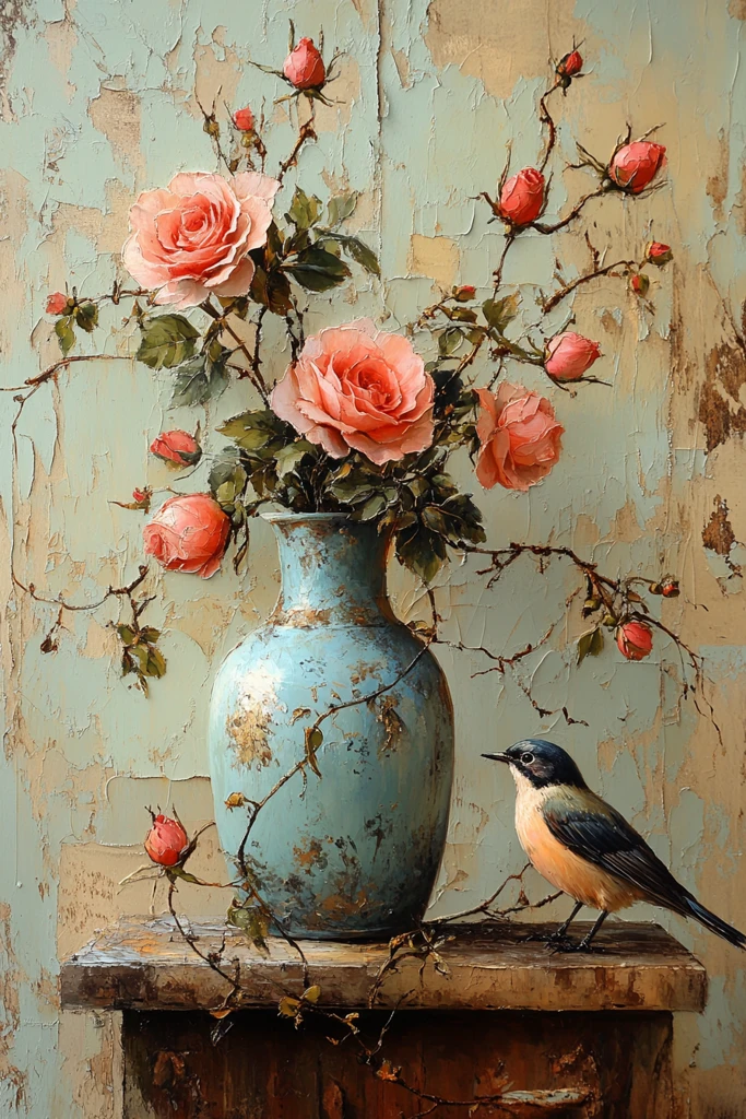 玫瑰蓝色鸟纹花瓶