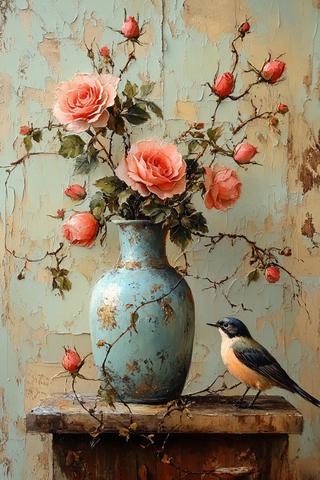 玫瑰蓝色鸟纹花瓶