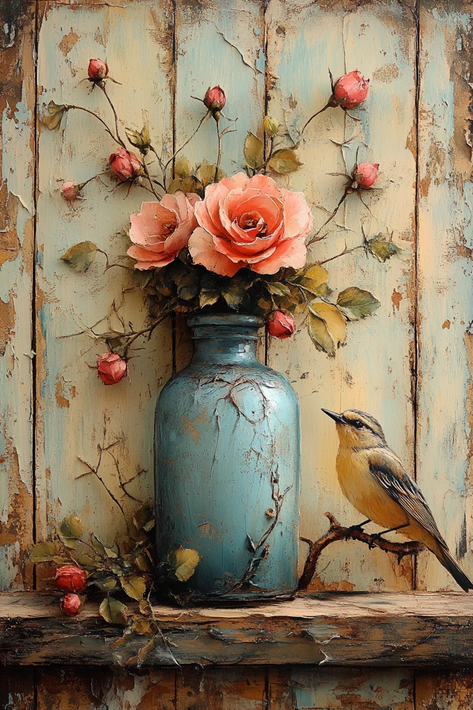 玫瑰蓝色鸟纹花瓶