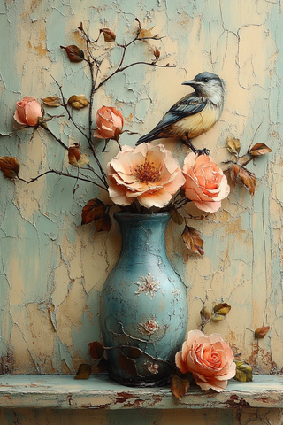 玫瑰蓝色鸟纹花瓶