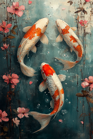 三只锦鲤与花