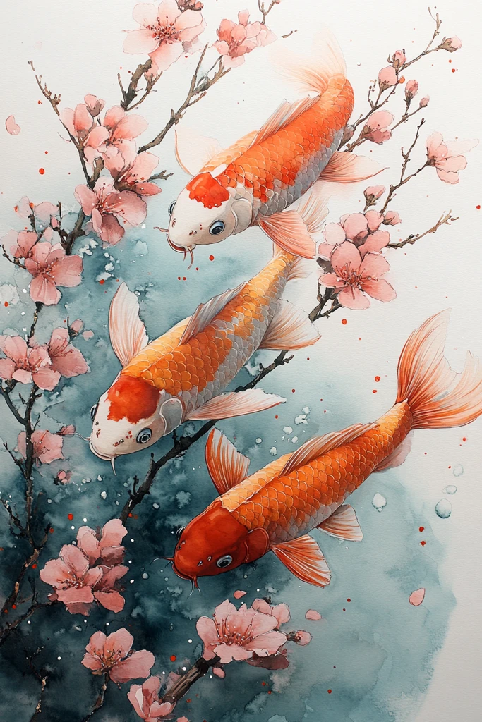 三只锦鲤与花