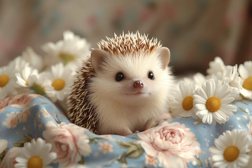 刺猬坐在花床上