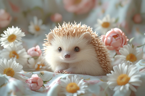 刺猬坐在花床上