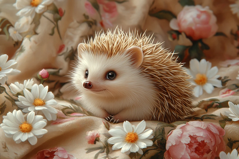 刺猬坐在花床上