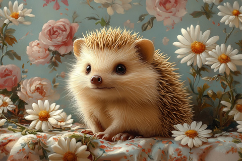 刺猬坐在花床上