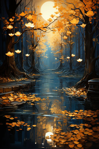 黄金树叶水景图