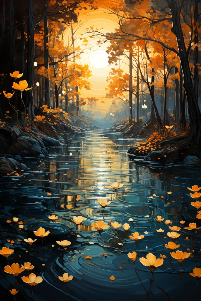 黄金树叶水景图