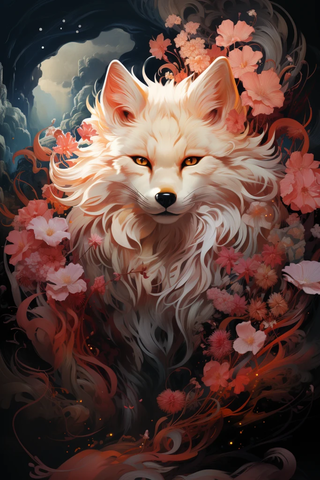 九尾狐舞动花瓣间