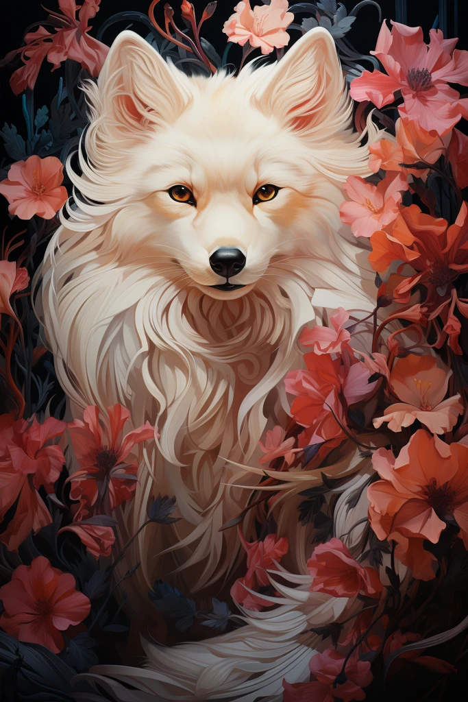 九尾狐舞动花瓣间