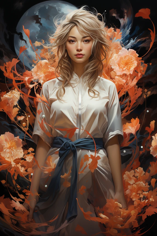 九尾狐舞动花瓣间