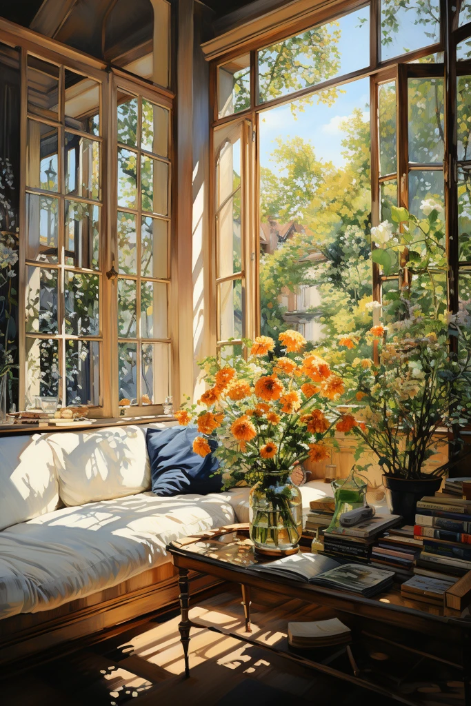 绿色沙发与书墙