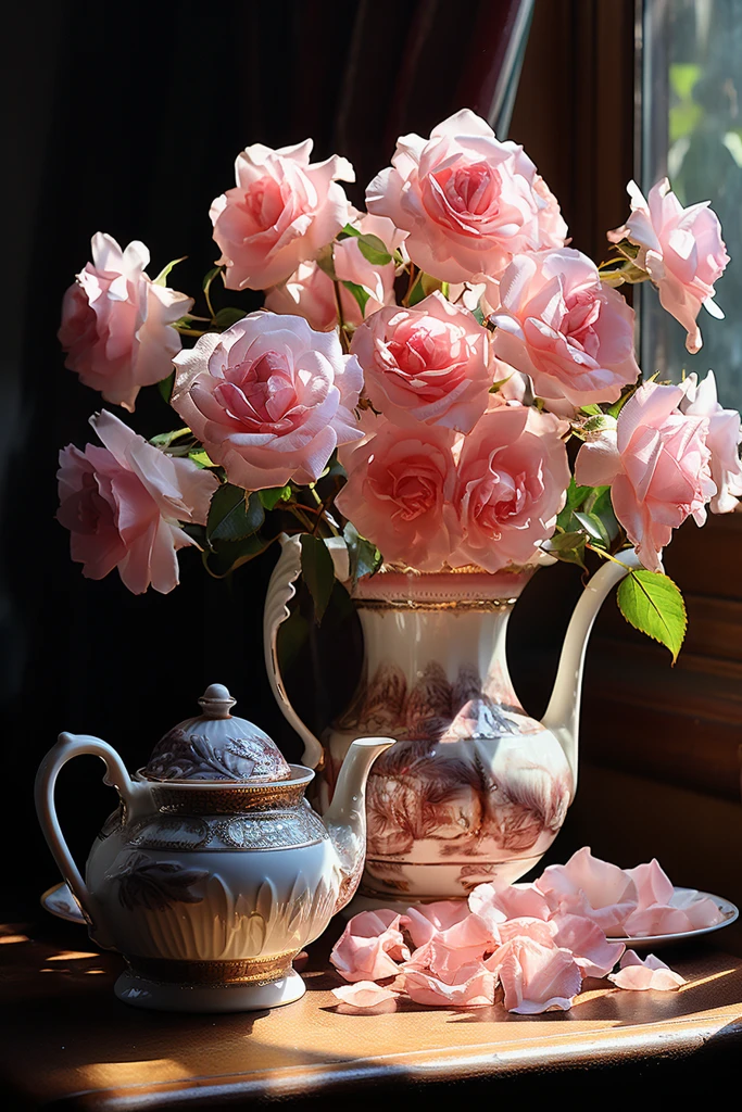 粉色玫瑰静物画