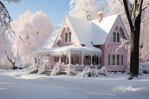粉色雪中小屋