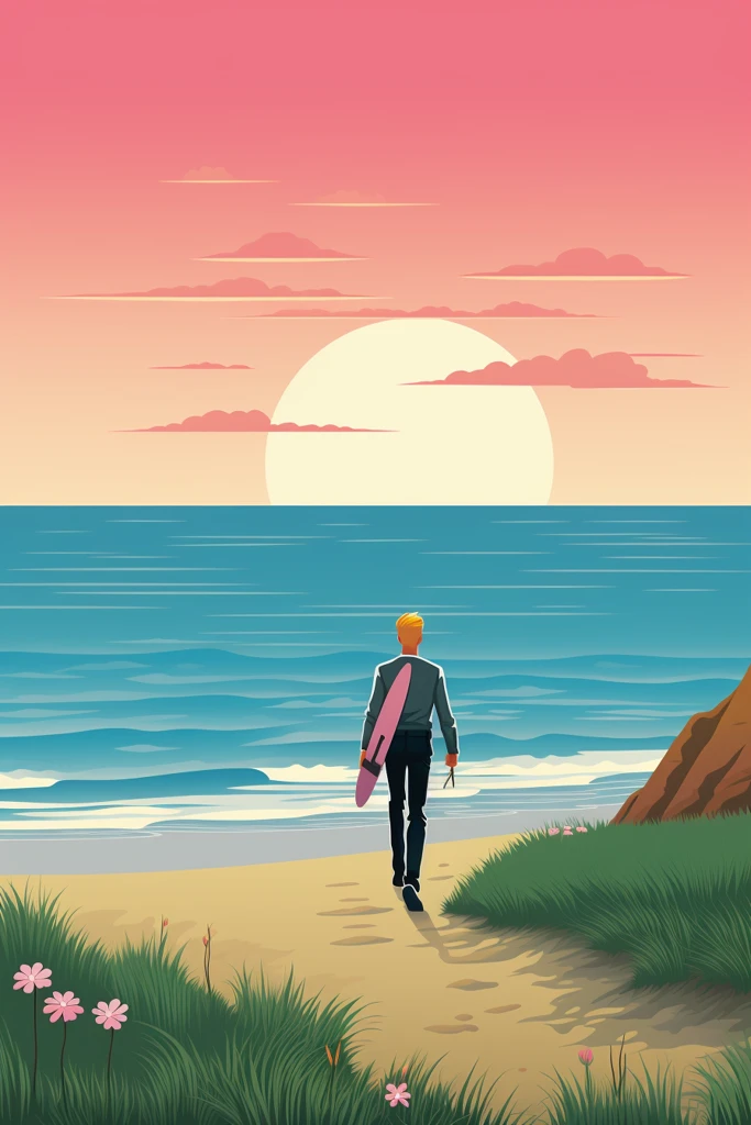 牛仔靴女子扛粉红冲浪板