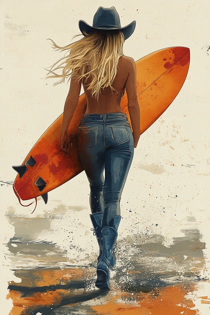 牛仔帽蓝色靴冲浪女